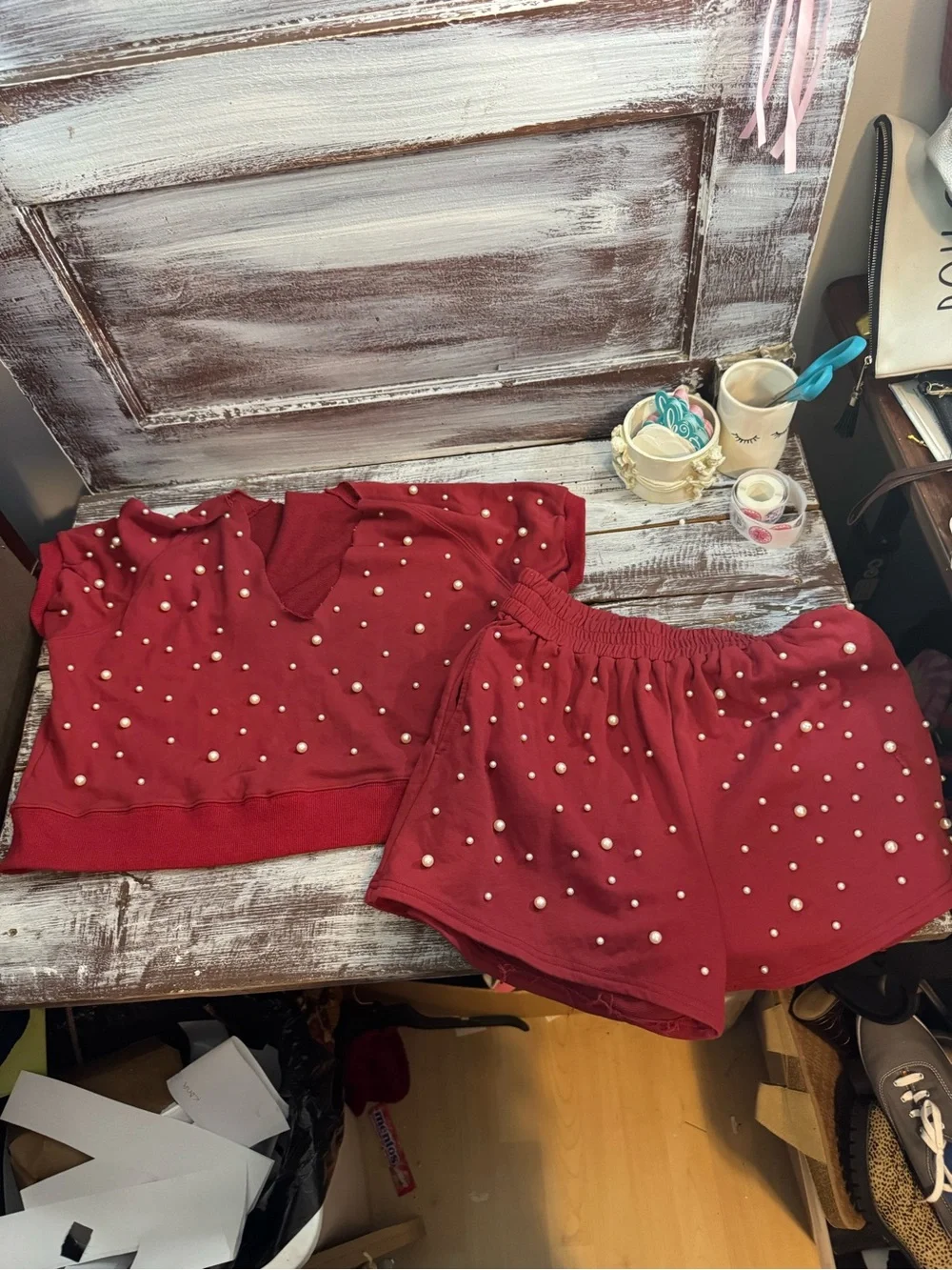 Peach Love California Burgundy Pearl-Embellished Lounge Set